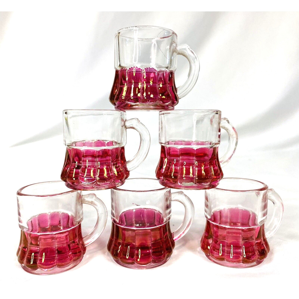 Vintage Lot of 6 Shot Glasses Clear / Pink Cranberry Mini Mugs Toothpick Holders